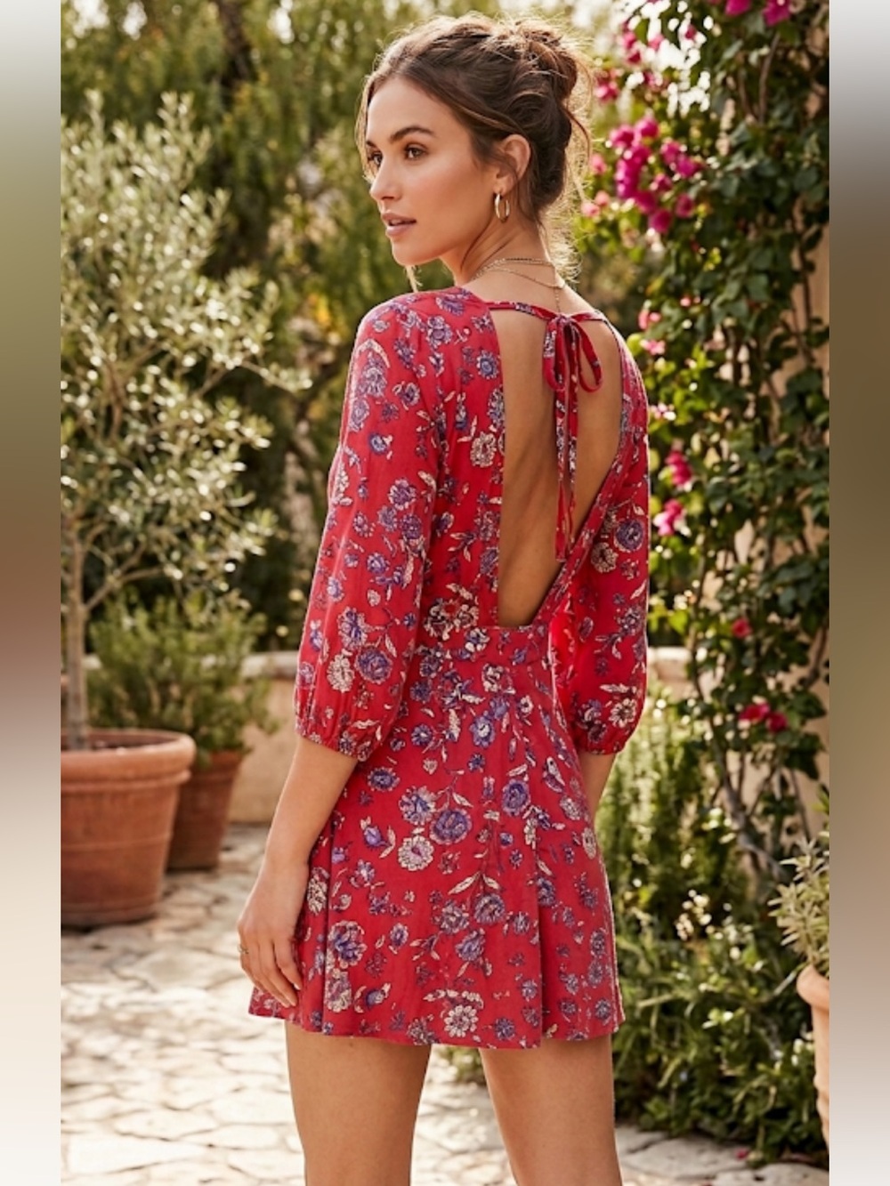 Free People Red Floral Backless V-Neck Dress